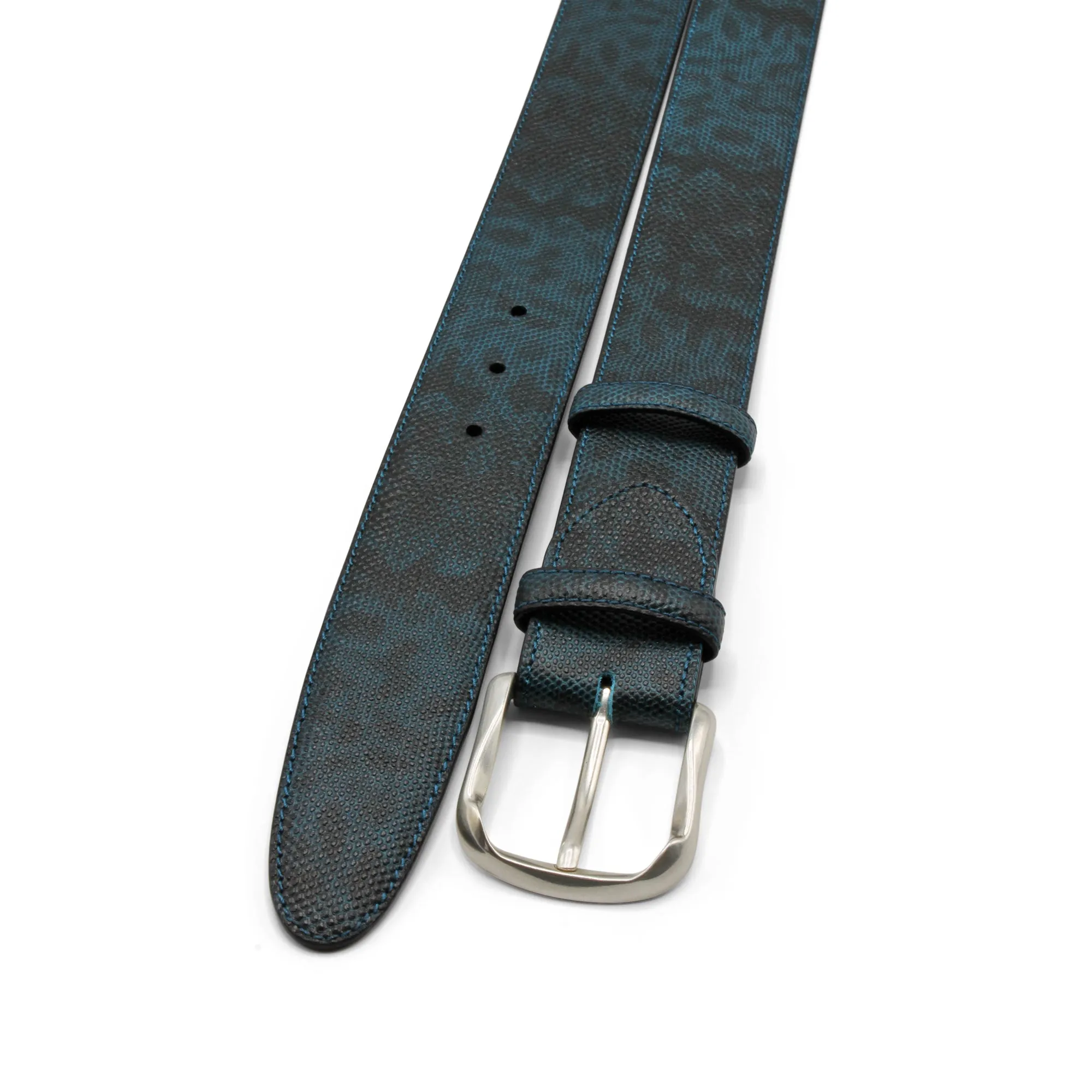 Aqua Blue Mottled Carung Texture Sculpted Prong Belt