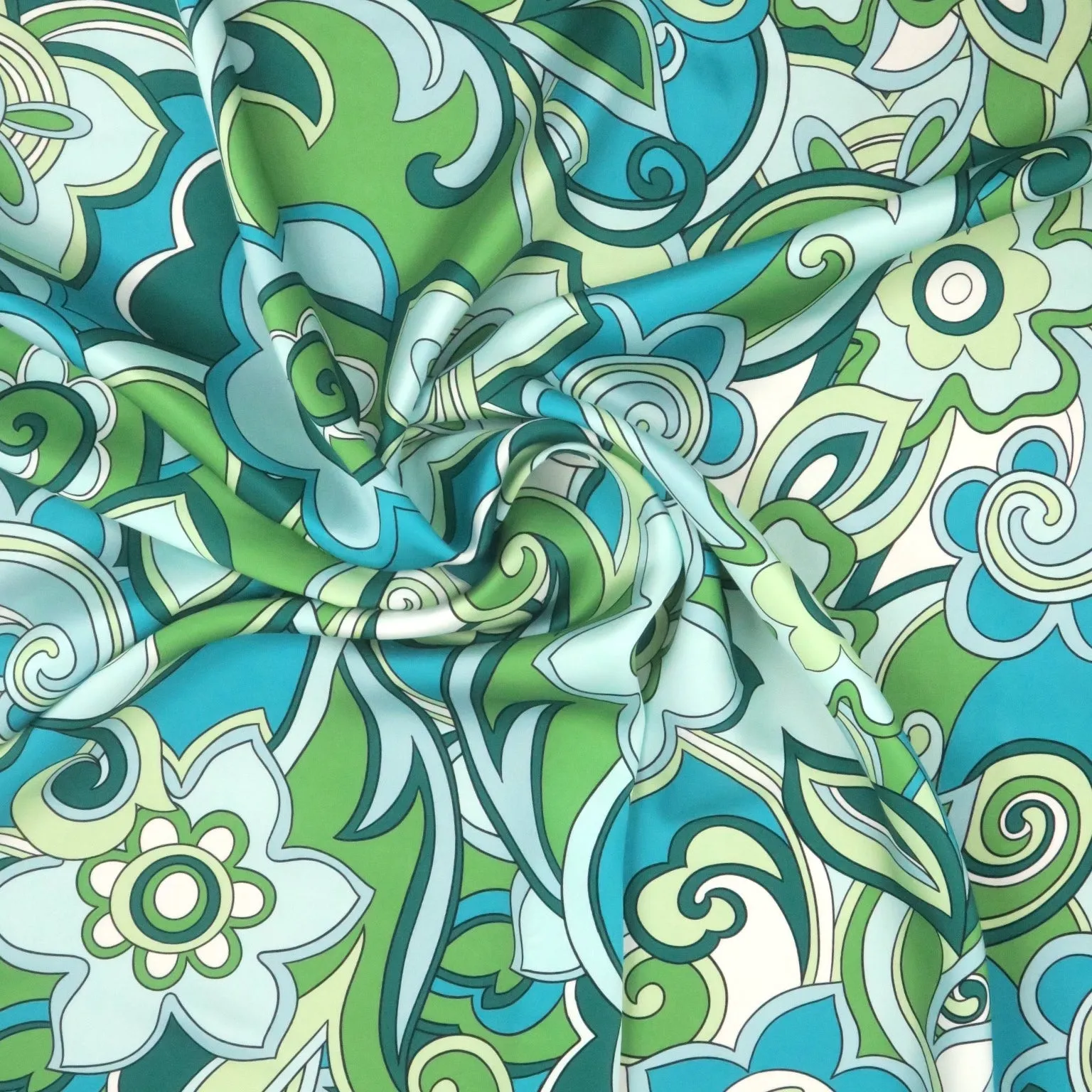 Aqua Green Abstract Printed Silk Charmeuse Fabric