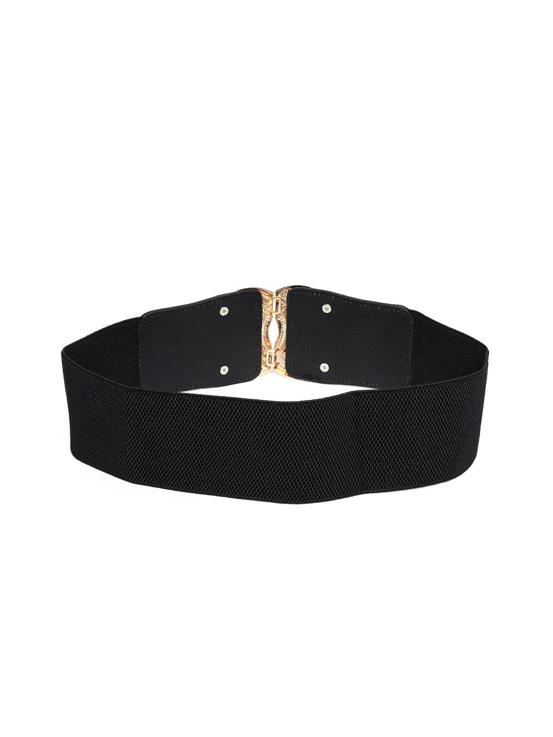 Berrylush Women Black Elastic Strap Golden Buckle Belt