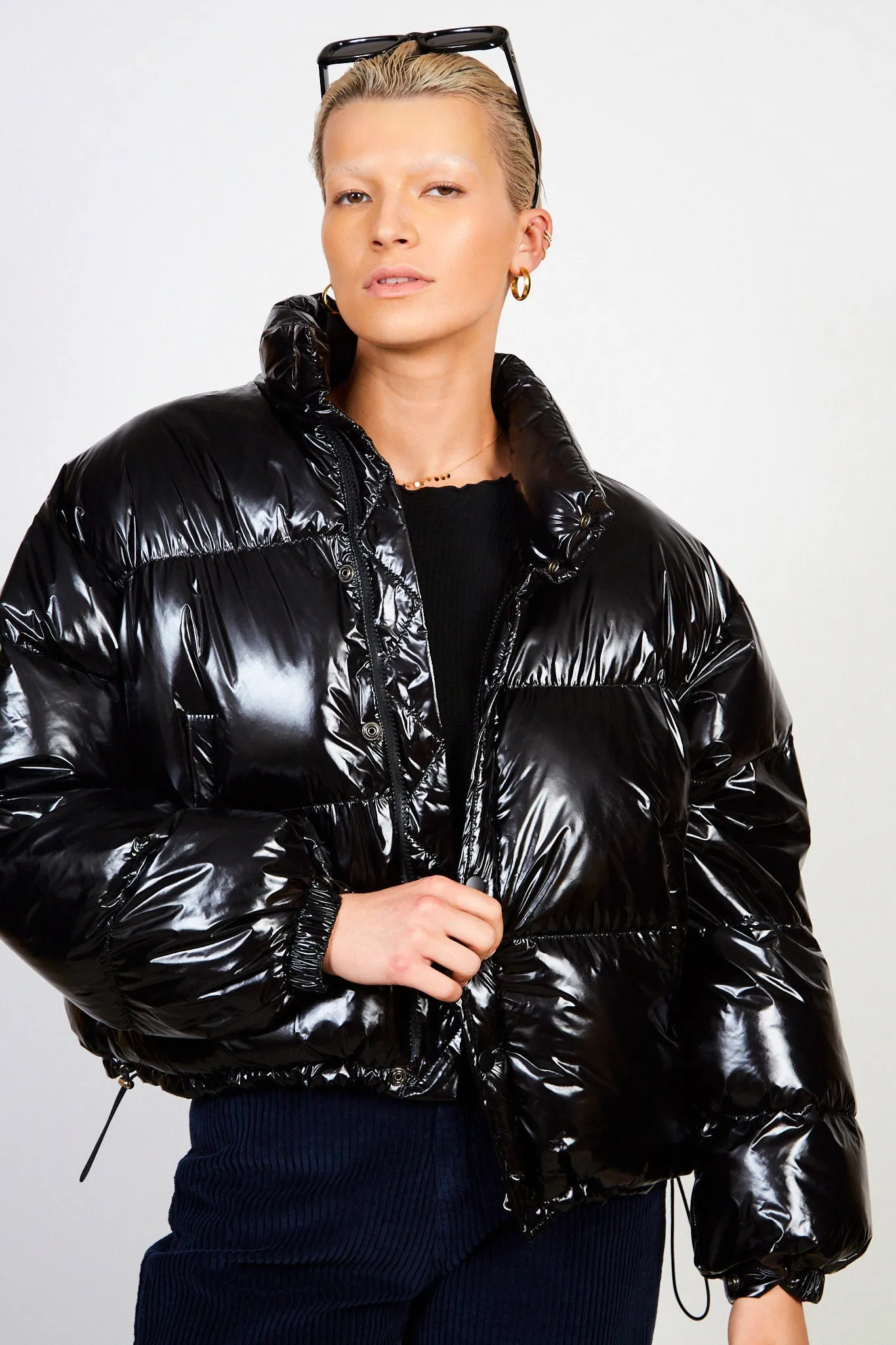 Black glossy puffer jacket