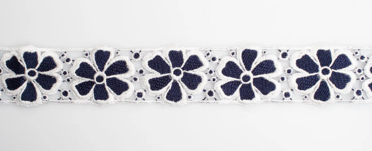 Blue & White Floral Metallic Guipure Trim