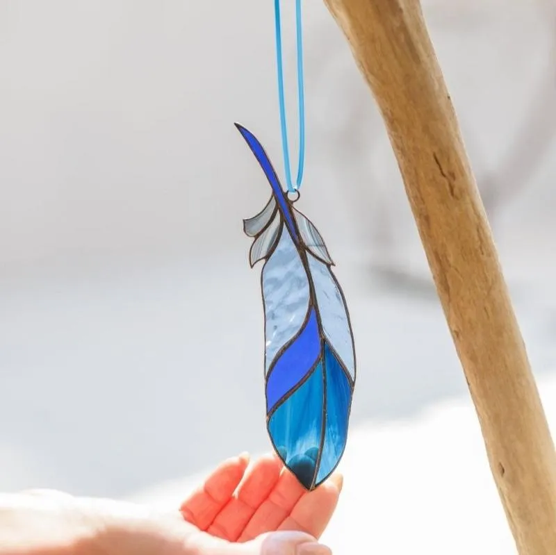 Blue Bird feather Stained glass -  Suncatcher Hanging Decor 6.5x1.4 inch