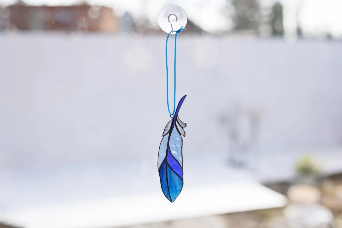 Blue Bird feather Stained glass -  Suncatcher Hanging Decor 6.5x1.4 inch