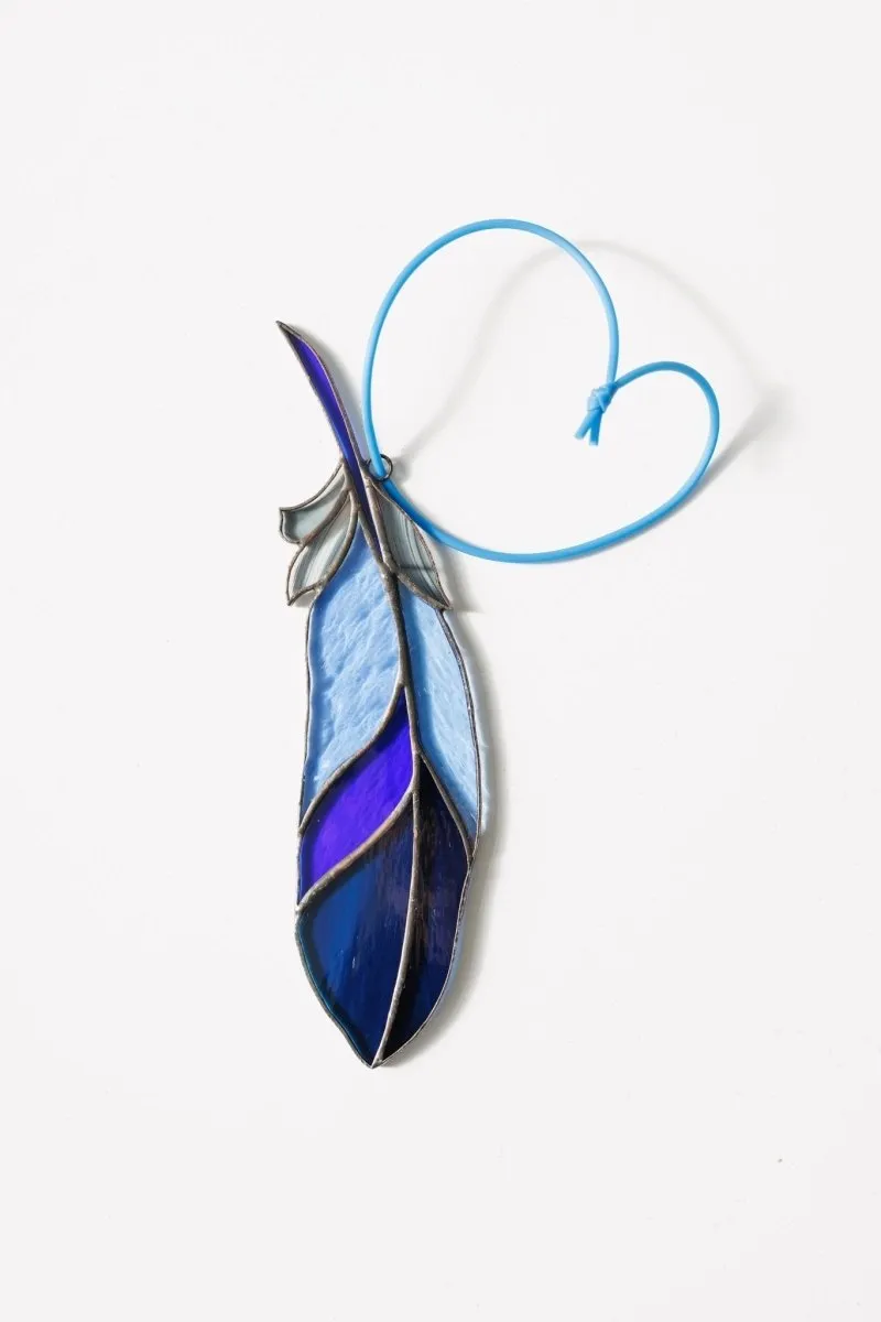 Blue Bird feather Stained glass -  Suncatcher Hanging Decor 6.5x1.4 inch