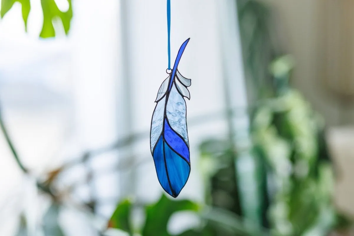 Blue Bird feather Stained glass -  Suncatcher Hanging Decor 6.5x1.4 inch