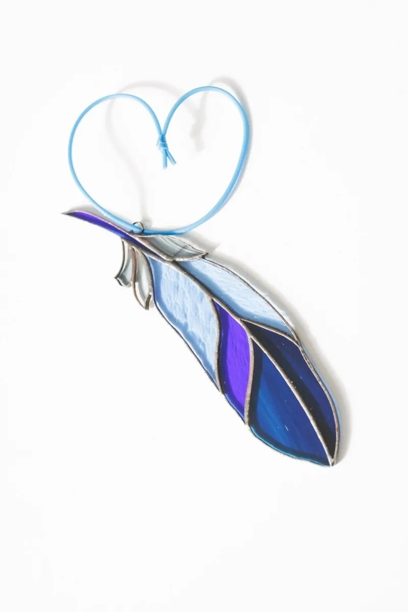 Blue Bird feather Stained glass -  Suncatcher Hanging Decor 6.5x1.4 inch