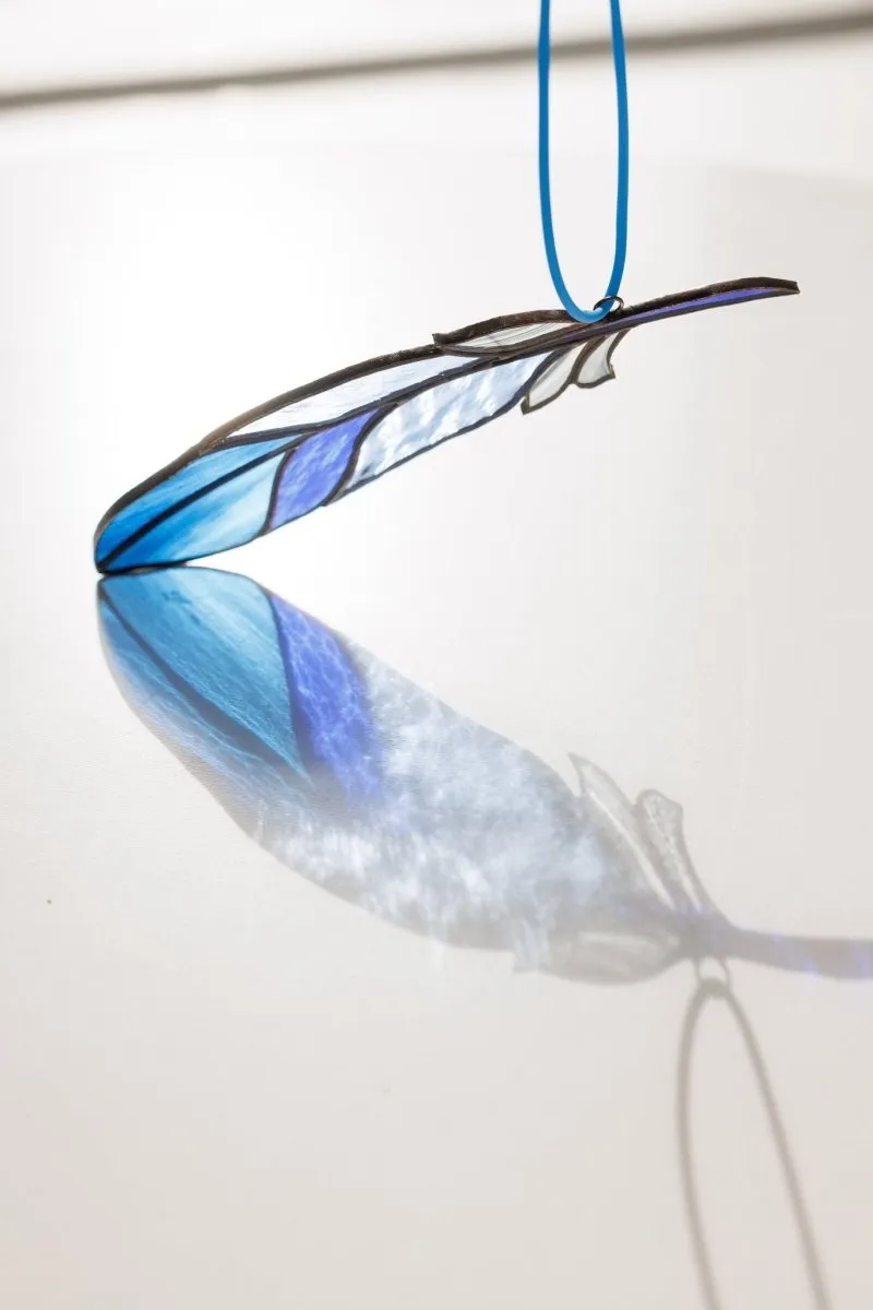 Blue Bird feather Stained glass -  Suncatcher Hanging Decor 6.5x1.4 inch