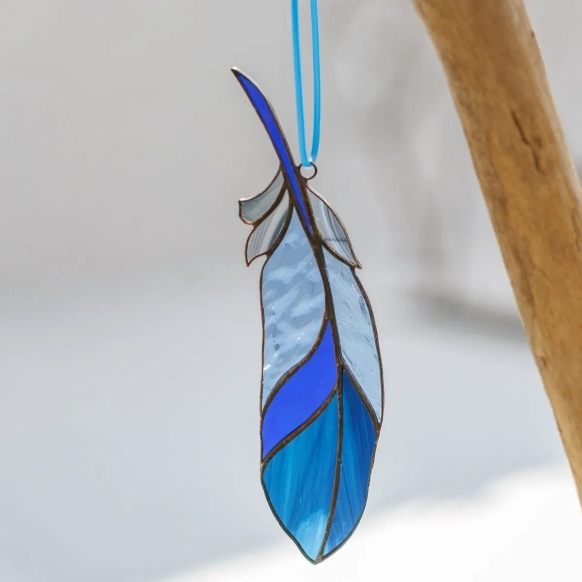 Blue Bird feather Stained glass -  Suncatcher Hanging Decor 6.5x1.4 inch