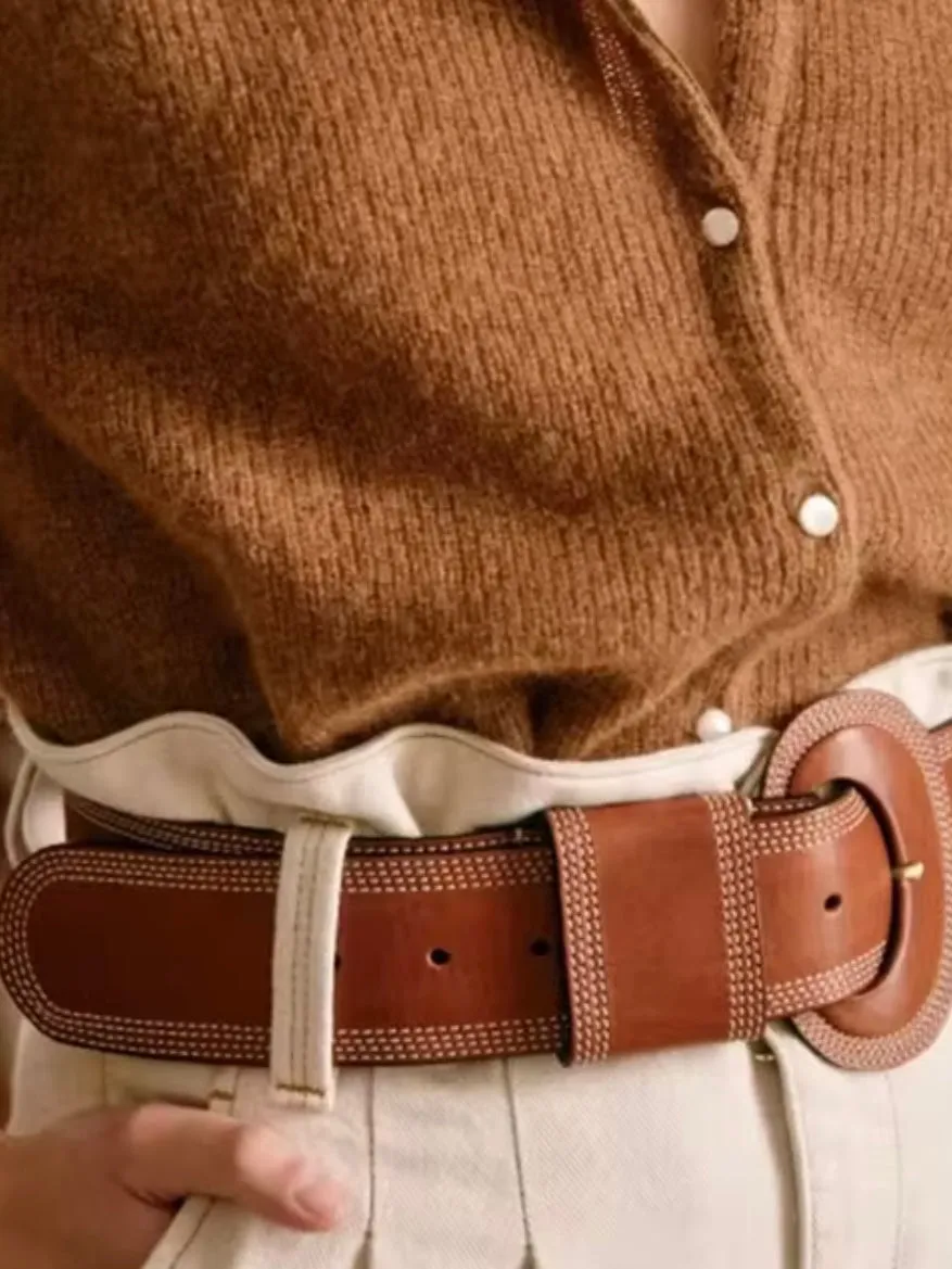 Brown leather boho stitched belt