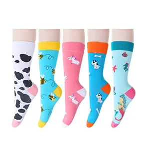 Christmas Gift Womens Novelty Funny Crew Socks Girls Cute Floral Colorful Patterned Socks Silly Funky Casual Cotton Flower printed Socks Gift，5 Pack-animal(dog Mermaid Unicorn Cow Bee)