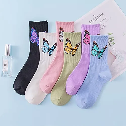 Christmas Gift Womens Novelty Funny Crew Socks Girls Cute Floral Colorful Patterned Socks Silly Funky Casual Cotton Flower printed Socks Gift，5 Pair-butterfly