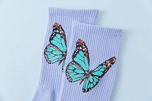 Christmas Gift Womens Novelty Funny Crew Socks Girls Cute Floral Colorful Patterned Socks Silly Funky Casual Cotton Flower printed Socks Gift，5 Pair-butterfly