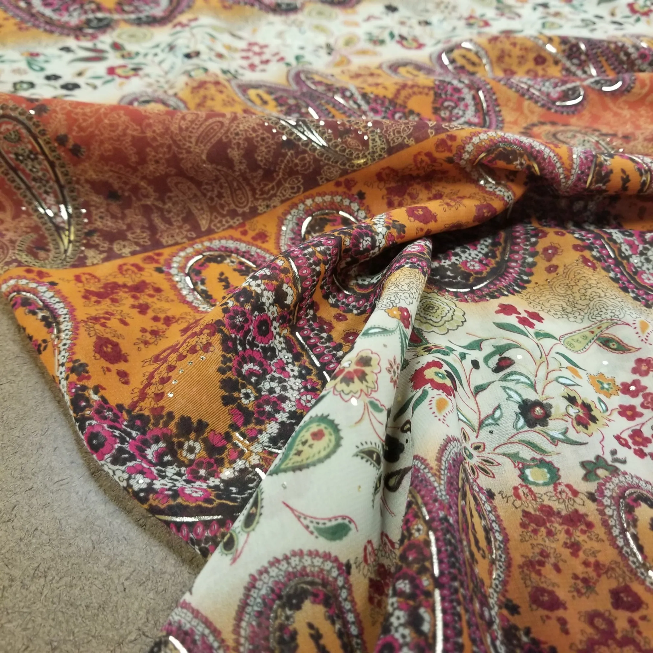 Designer Deadstock Gold Printed Orange Bohemian Paisley Sheer Woven-by the yard