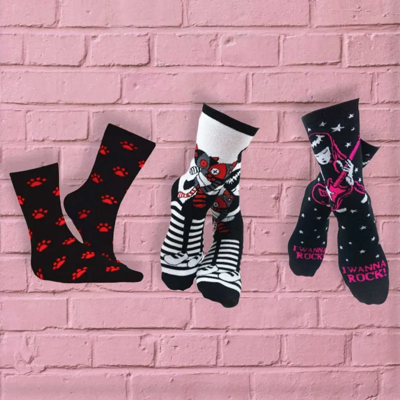 Emily the Strange Girl's Cute Fun Colorful Cat Crew Socks - 3 Pair (Adult Size)