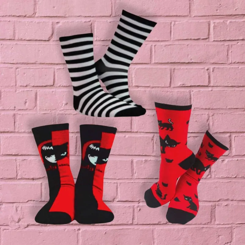 Emily the Strange Girl's Cute Fun Colorful Cat Crew Socks - 3 Pair (Adult Size)