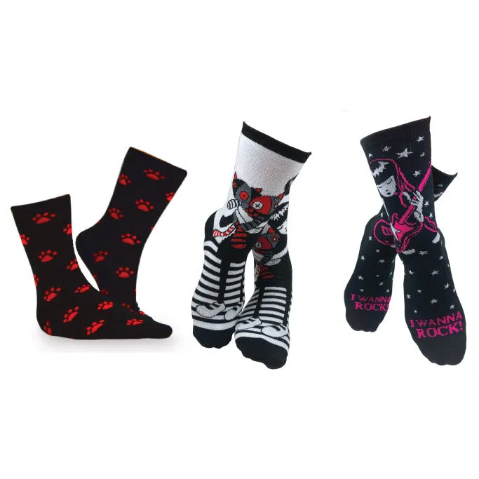 Emily the Strange Girl's Cute Fun Colorful Cat Crew Socks - 3 Pair (Adult Size)