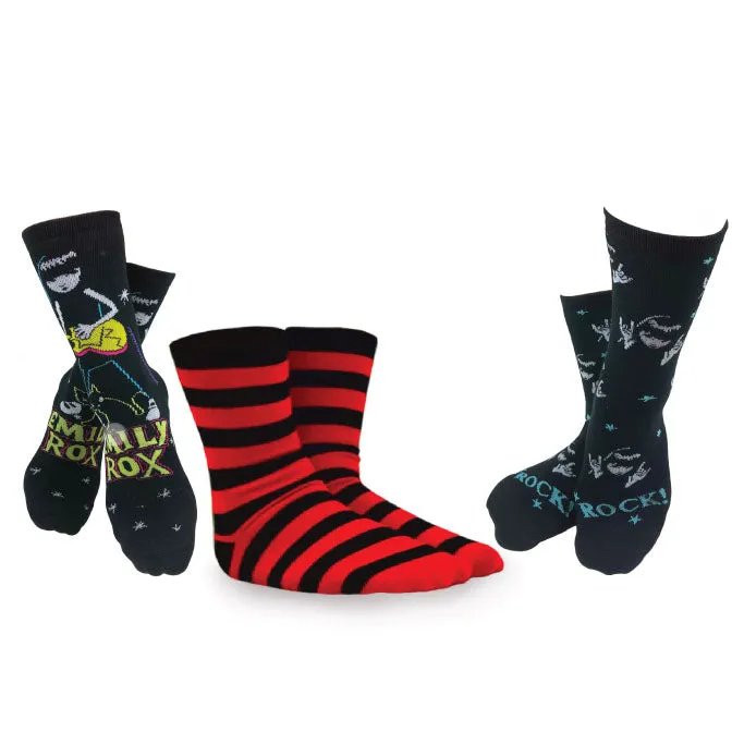 Emily the Strange Girl's Cute Fun Colorful Cat Crew Socks - 3 Pair (Adult Size)