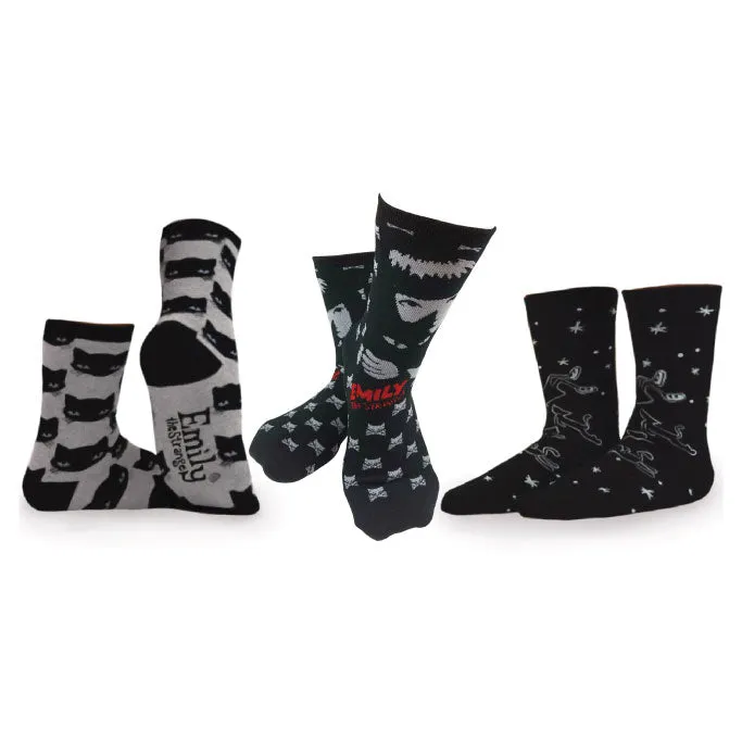 Emily the Strange Girl's Cute Fun Colorful Cat Crew Socks - 3 Pair (Adult Size)