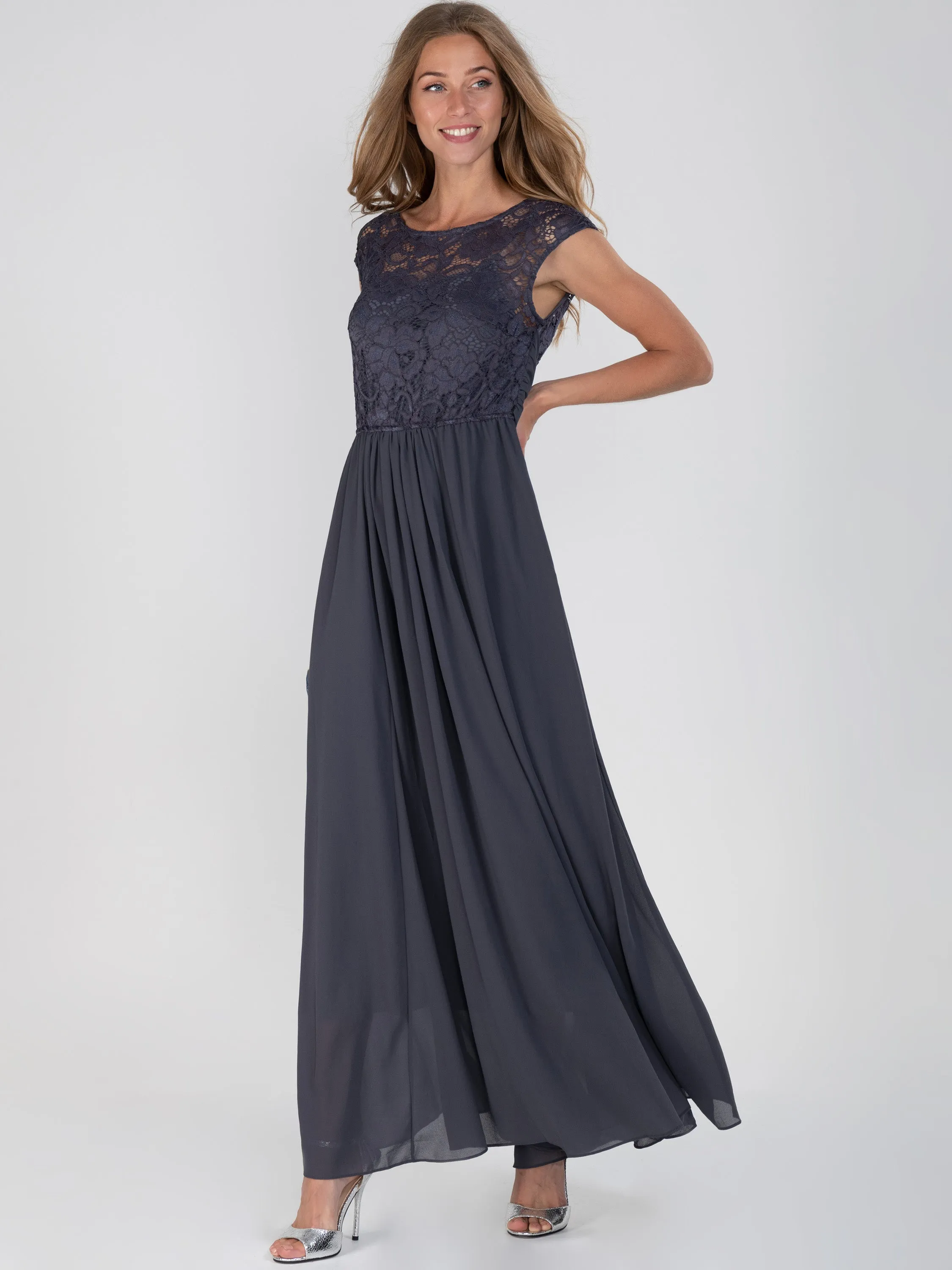 Lace Bodice Chiffon Maxi Bridesmaid Dress, Dark Grey