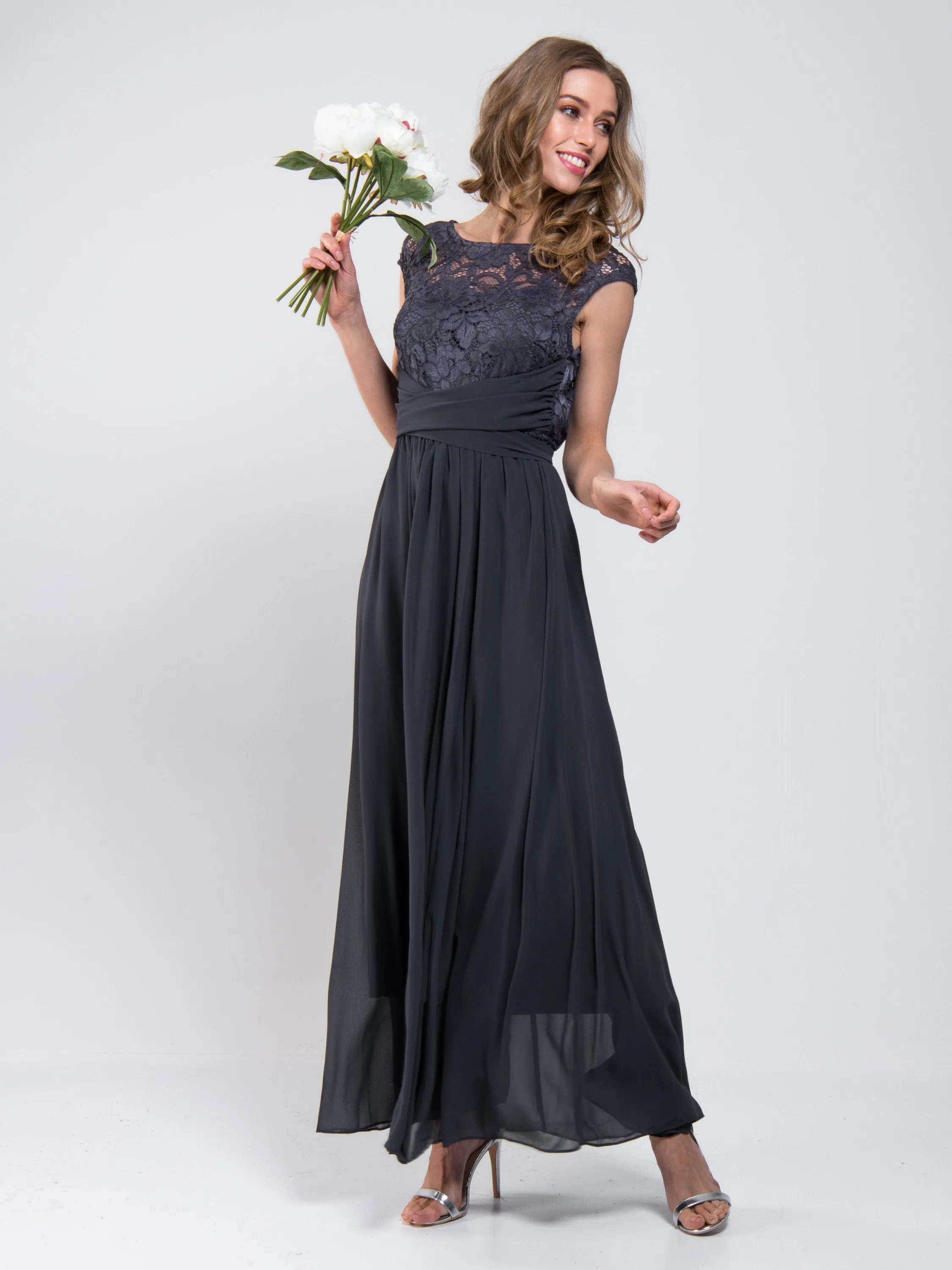 Lace Bodice Chiffon Maxi Bridesmaid Dress, Dark Grey