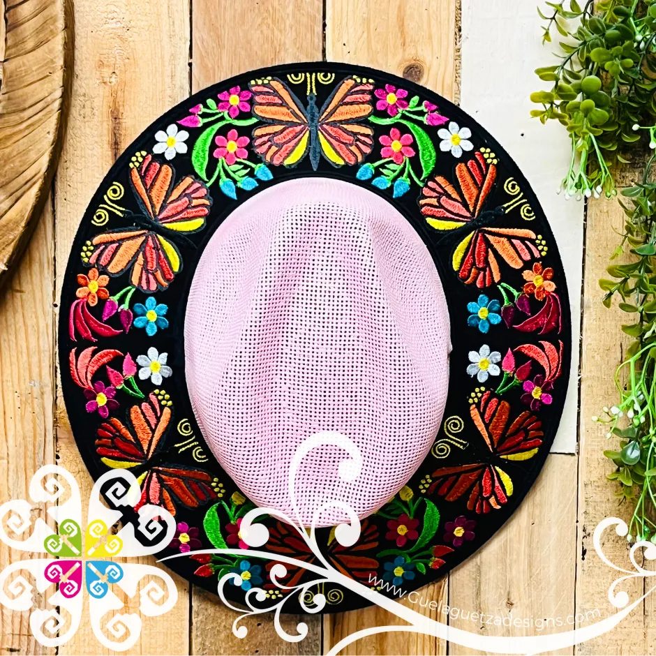 Light Pink Embroider Summer Hat - Black Floral Rim