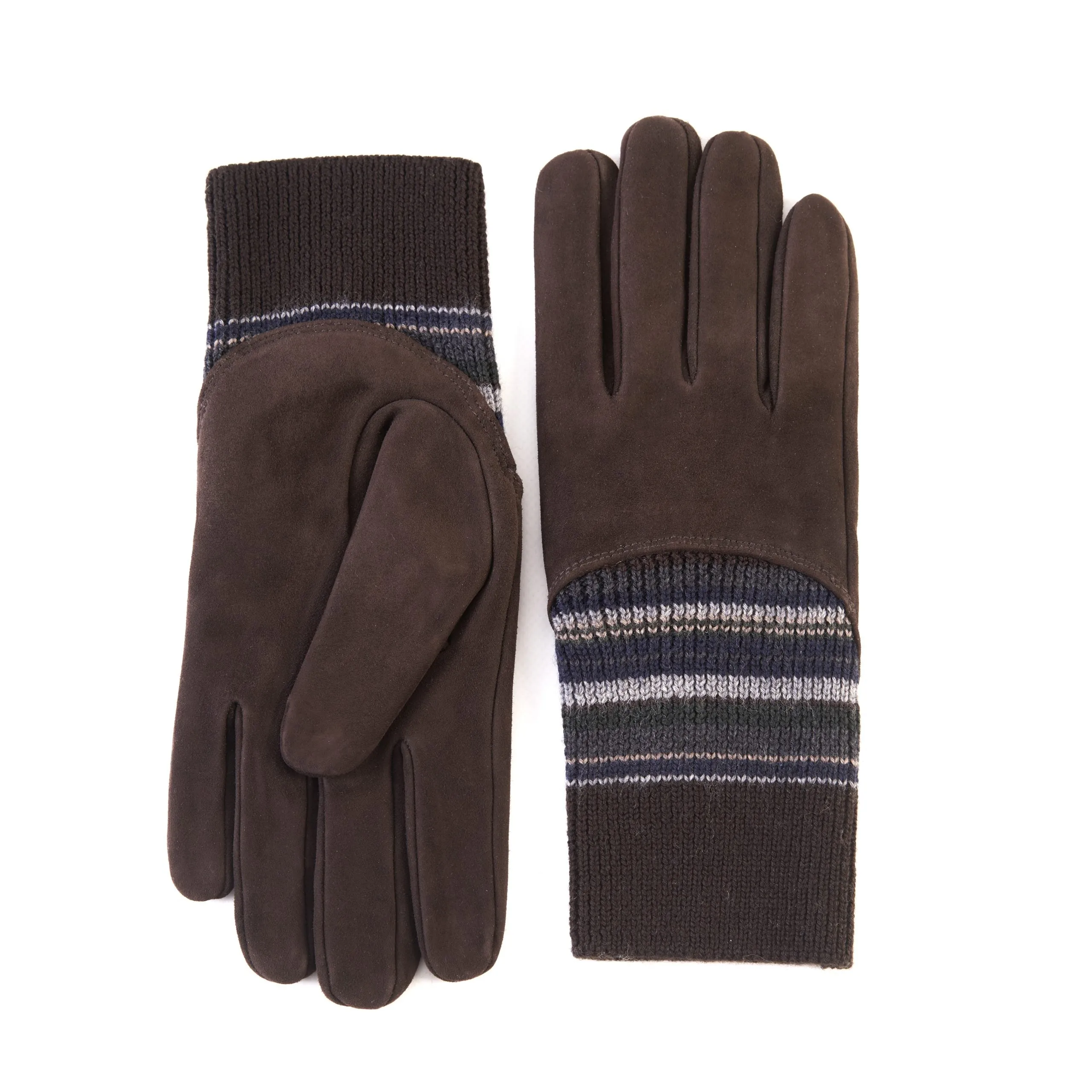 Men's brown suede leather gloves with cashmere lining and wool cuff