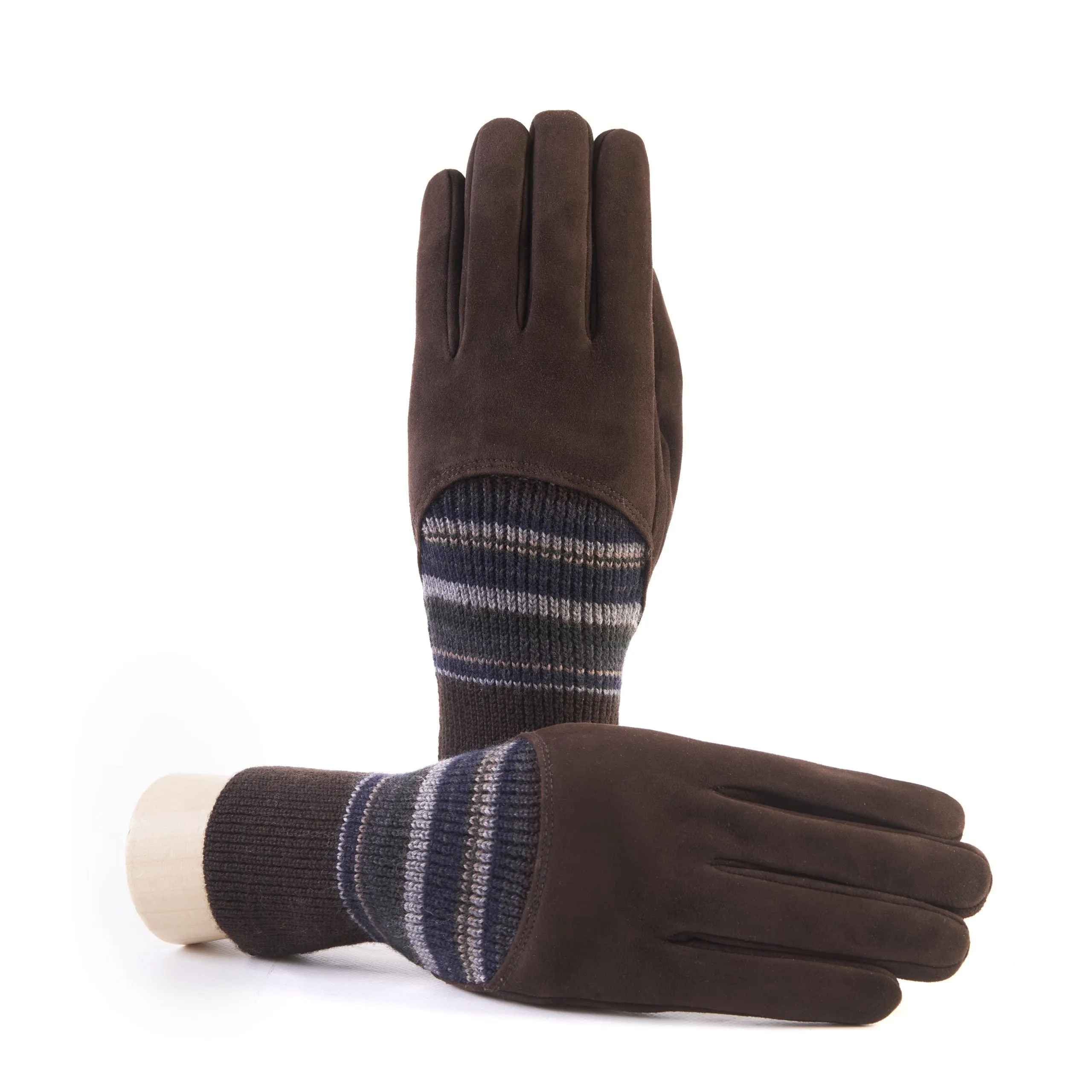 Men's brown suede leather gloves with cashmere lining and wool cuff