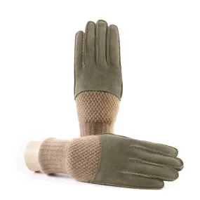 Men's hand-stitched green suede gloves with cashmere top and lining