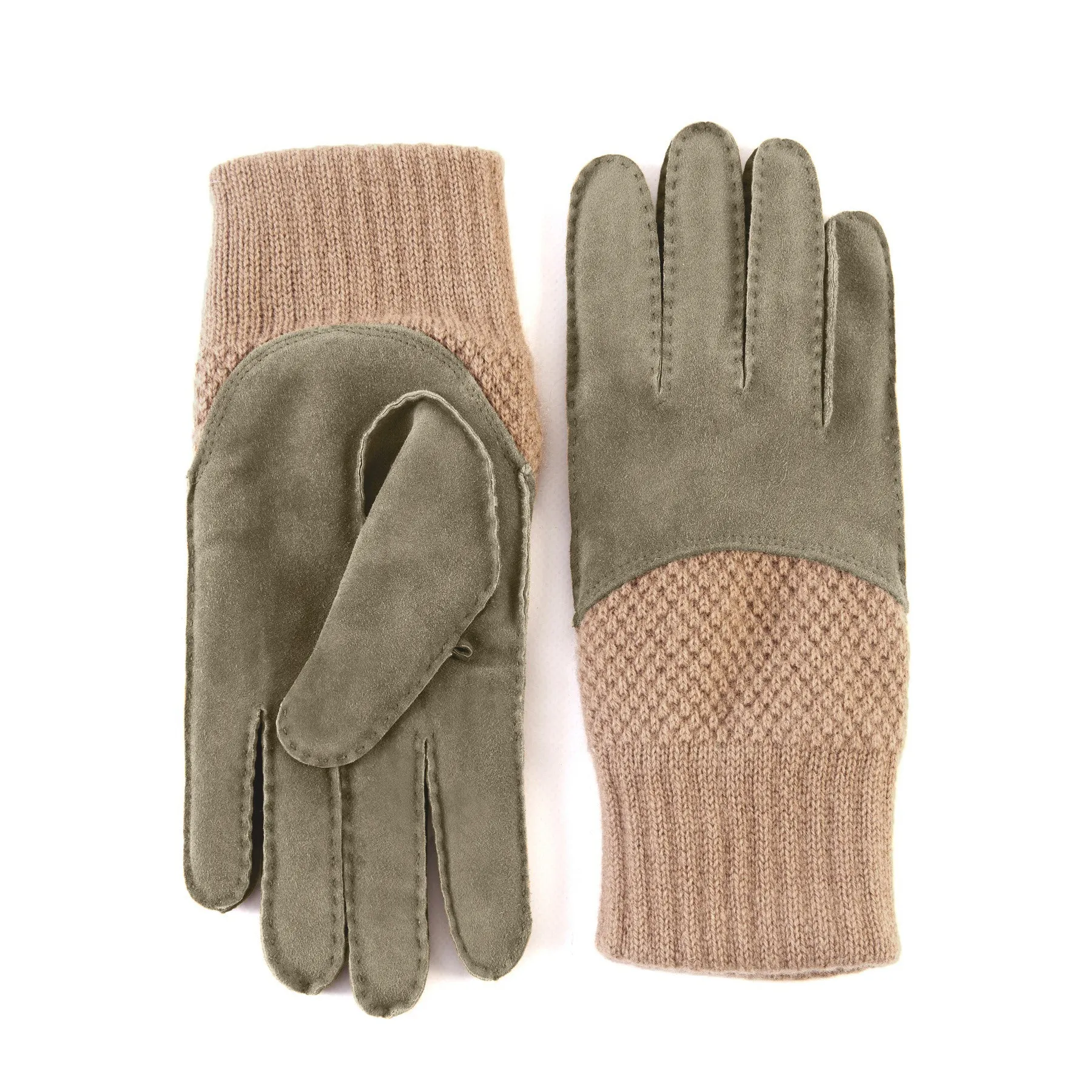 Men's hand-stitched green suede gloves with cashmere top and lining