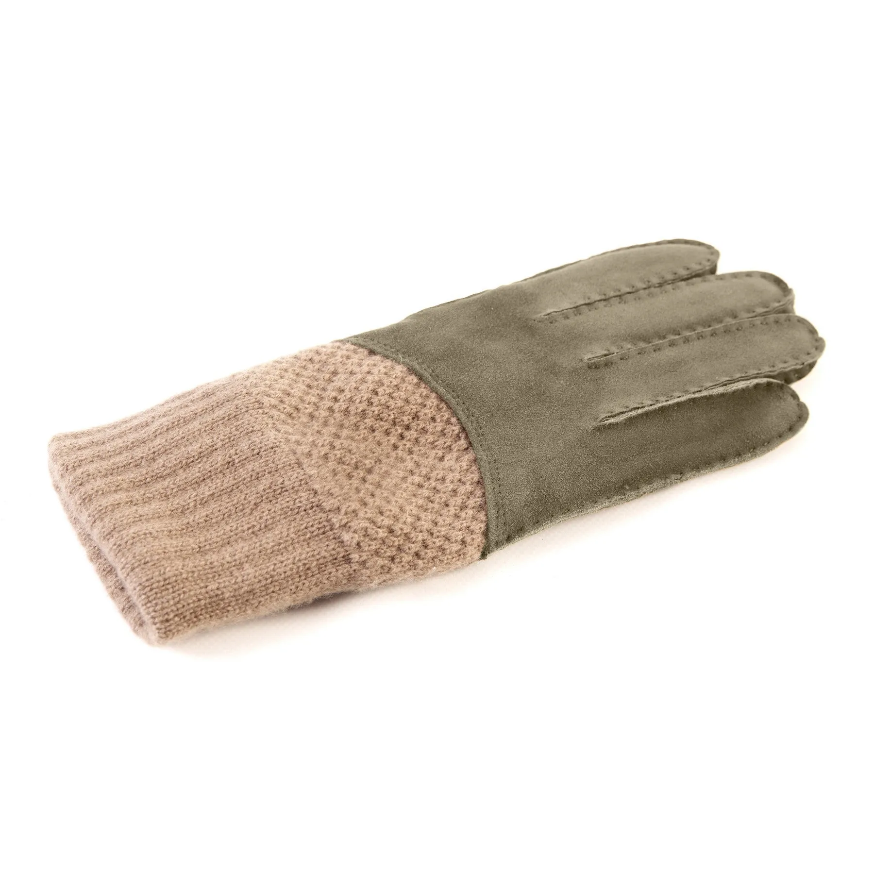 Men's hand-stitched green suede gloves with cashmere top and lining