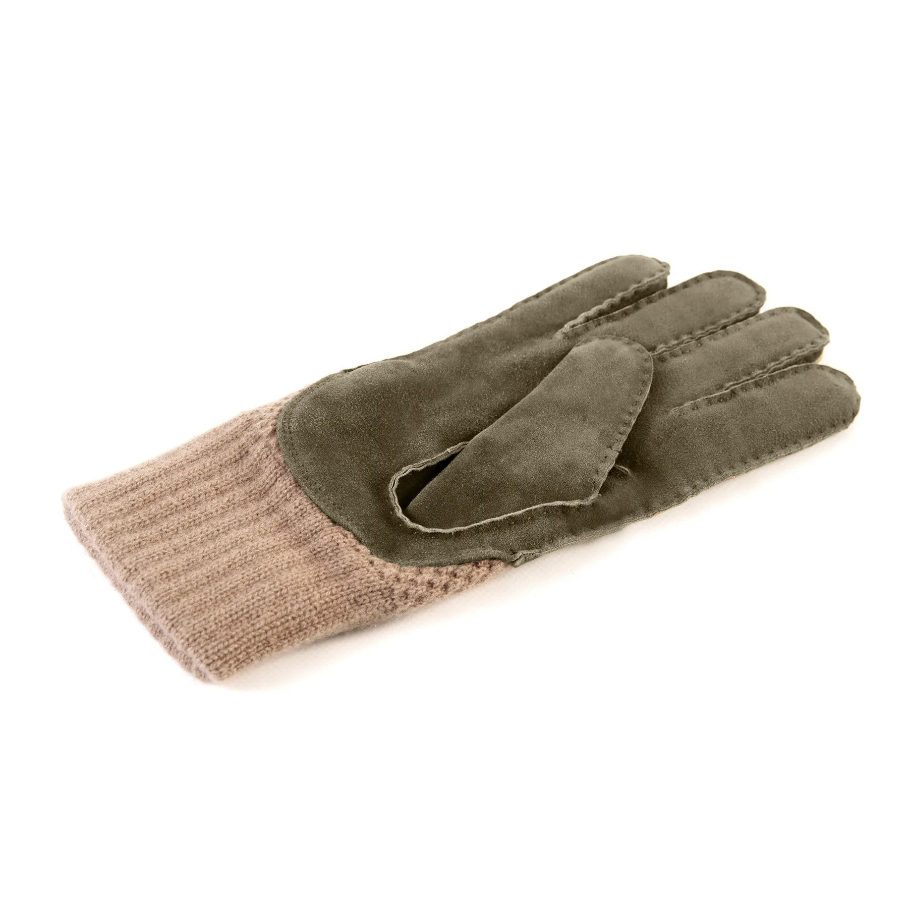 Men's hand-stitched green suede gloves with cashmere top and lining