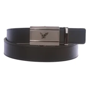 Men's Plain Leather Slide Ratchet Dress Belt with Eagle Design Automatic Buckle