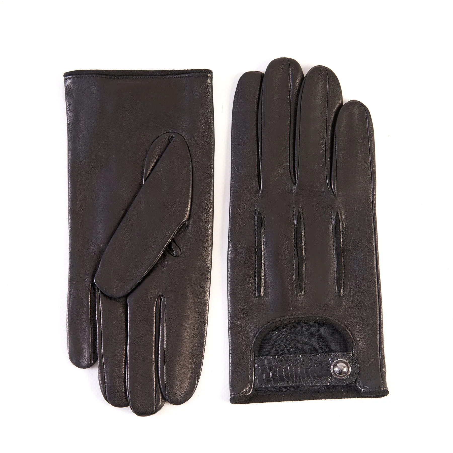 Men's soft black nappa leather gloves with suede details with strap and silk lining