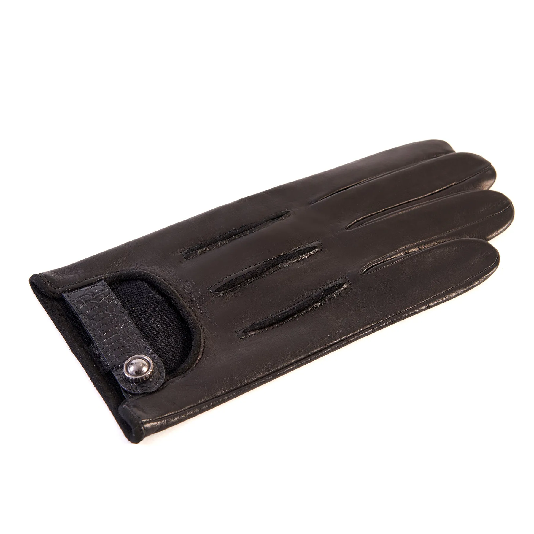 Men's soft black nappa leather gloves with suede details with strap and silk lining