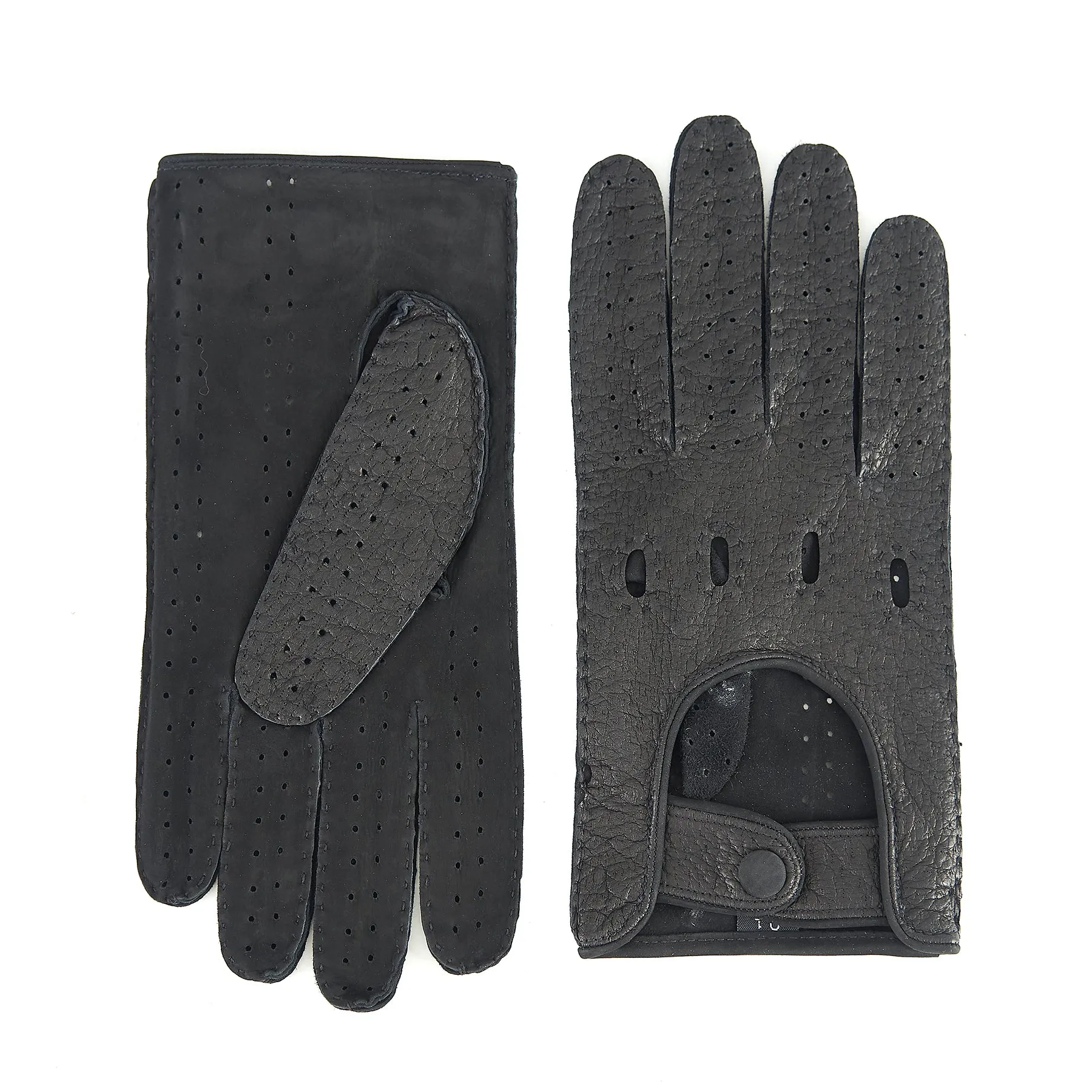 Men's unlined black peccary leather driving gloves with nabuck  palm and button closure