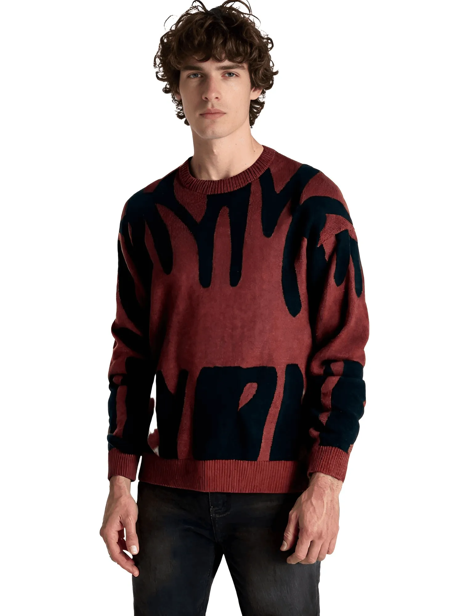 New Popular Men's Irregular Graphic Print Pullover Sweater Casual Round Neck Contrast Color Knitted Men's Pullovers  Autumn Winter