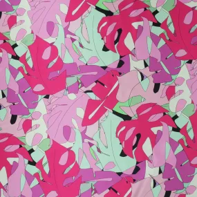 Pink, Green, and Lilac Abstract Monstera Leaves Printed Silk Charmeuse Fabric