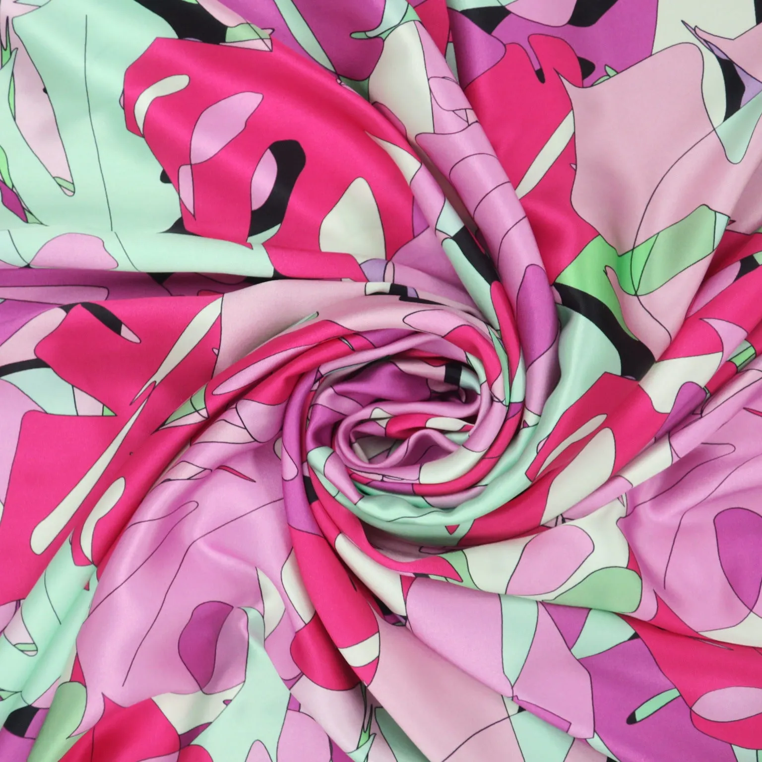 Pink, Green, and Lilac Abstract Monstera Leaves Printed Silk Charmeuse Fabric