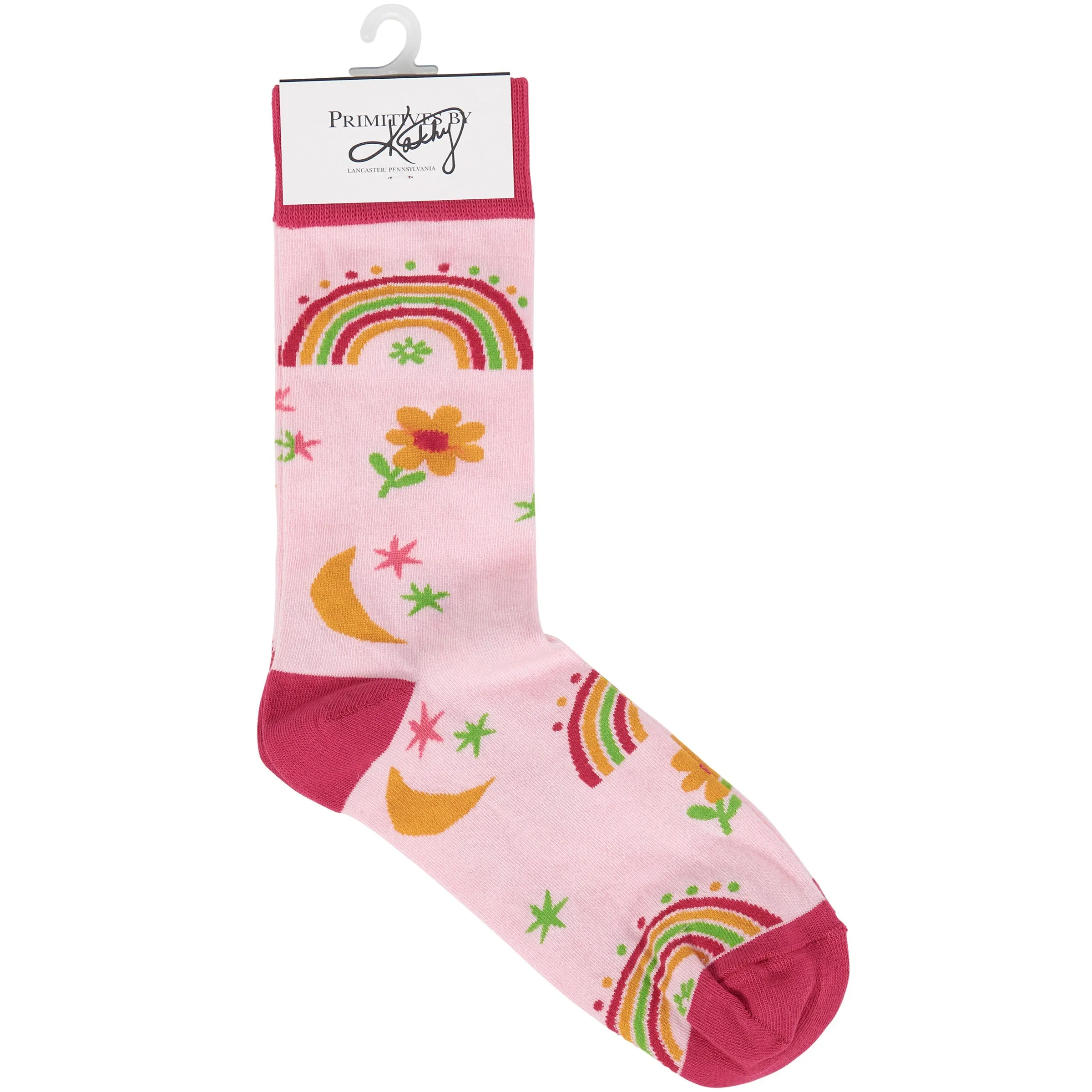 Rainbow and Flowers Socks on Pink Background | Women's Colorful Self-expression Socks