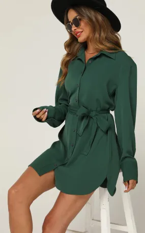 Relaxed Rounded Side Split Mini Shirt Dress In Green