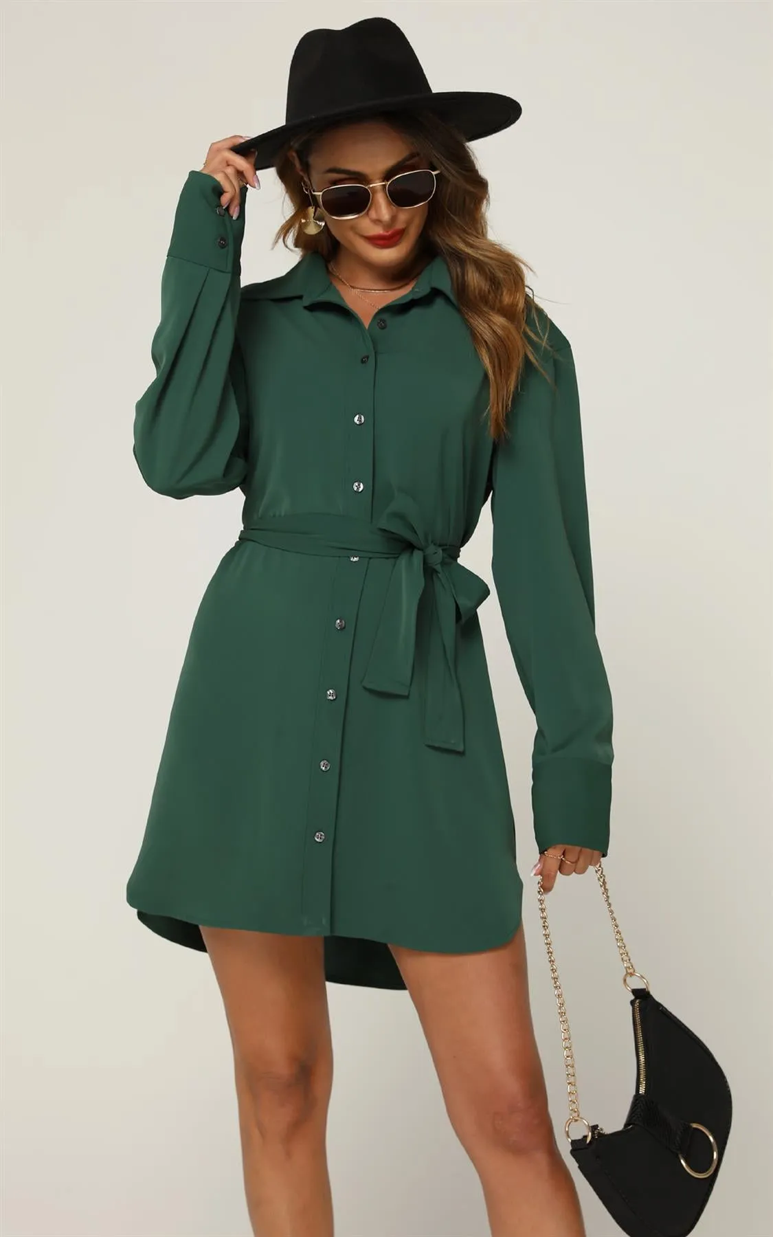 Relaxed Rounded Side Split Mini Shirt Dress In Green