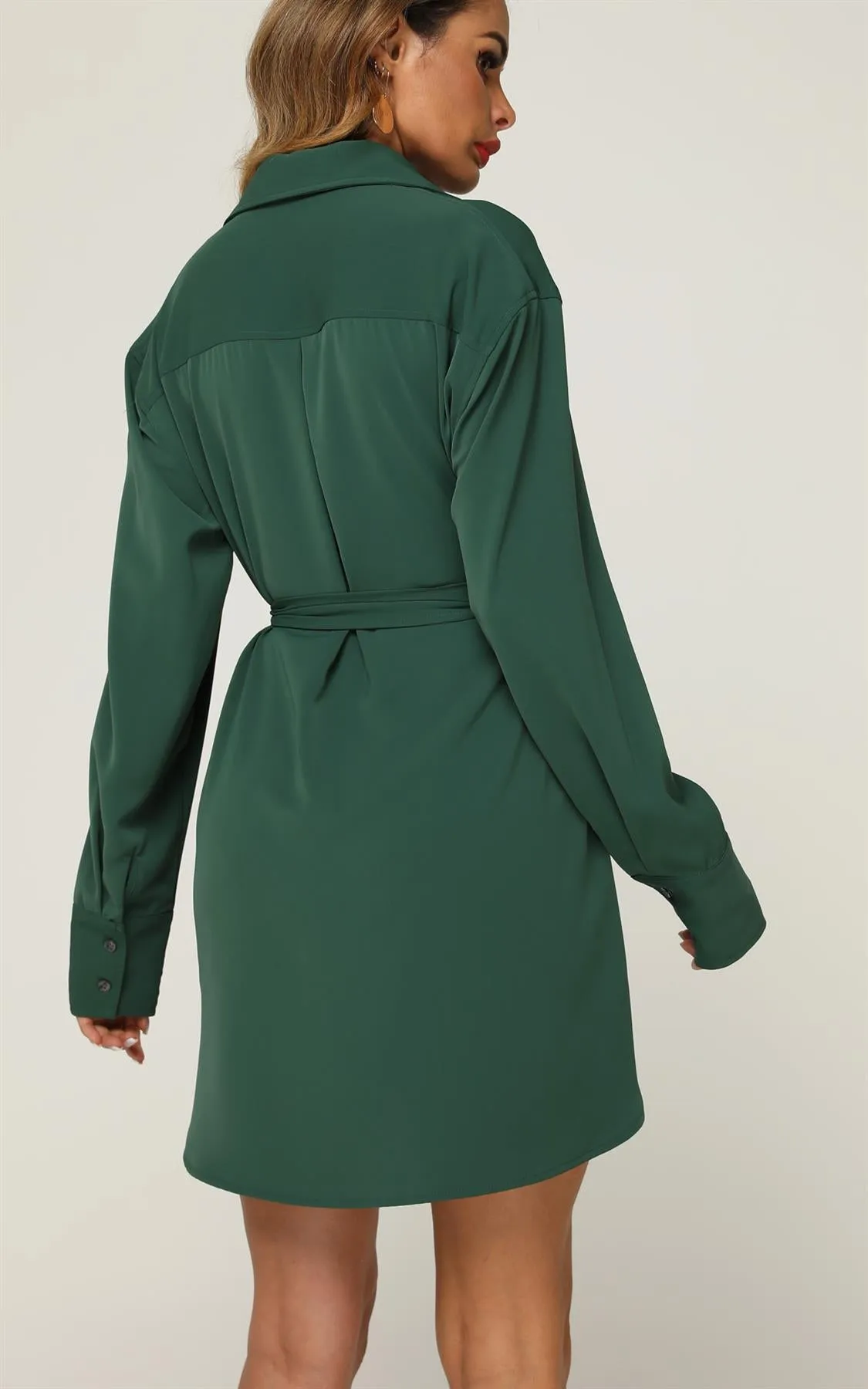 Relaxed Rounded Side Split Mini Shirt Dress In Green