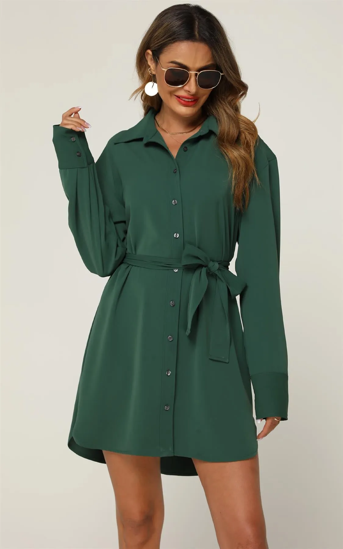 Relaxed Rounded Side Split Mini Shirt Dress In Green