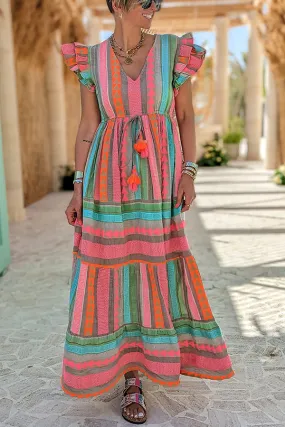 Sunlit Magic Linen Blend Ethnic Print Ruffle Sleeve Tassel Maxi Dress