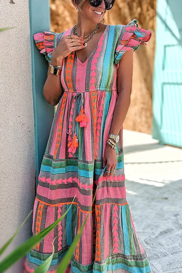 Sunlit Magic Linen Blend Ethnic Print Ruffle Sleeve Tassel Maxi Dress