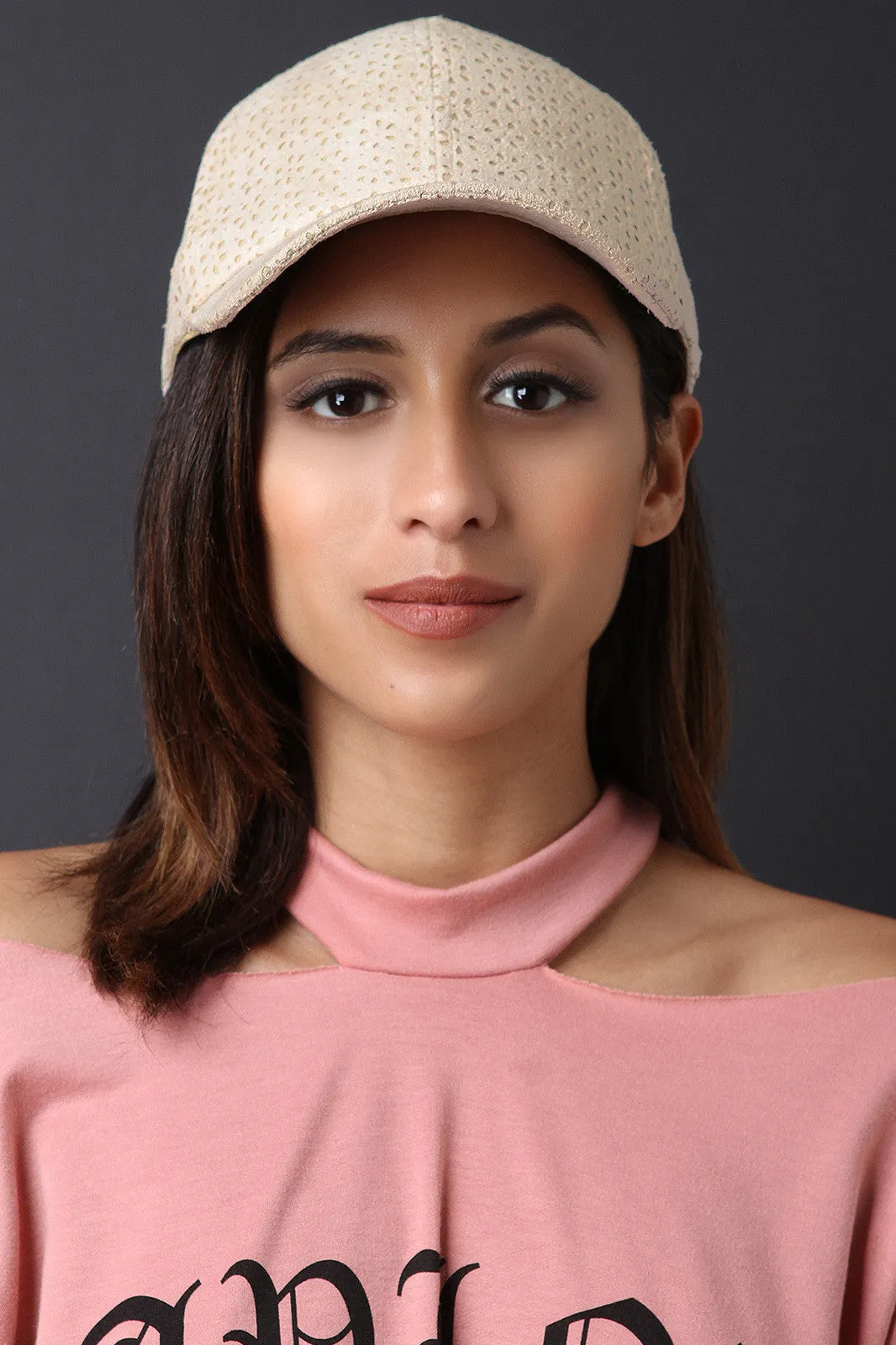 Vegan Suede Floral Cutout Baseball Cap