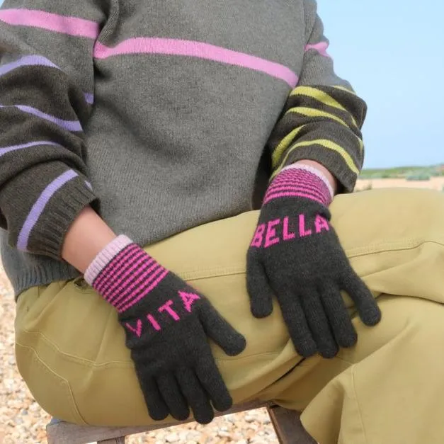 Vita Belle Gloves - Khaki and Fuchsia