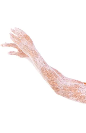 White Opera-length floral net gloves