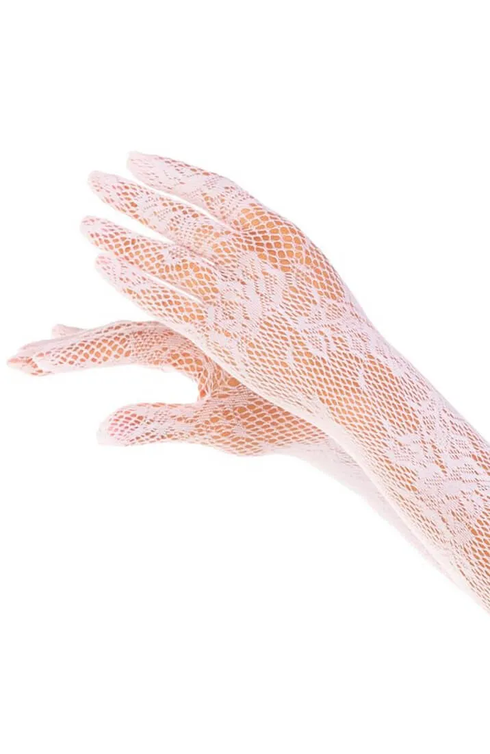 White Opera-length floral net gloves