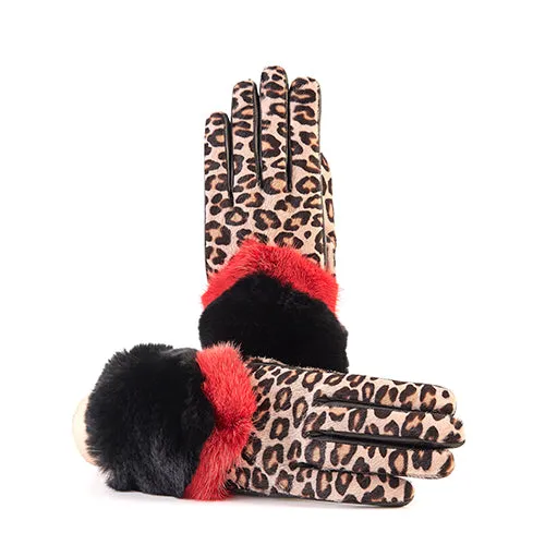 Women's black nappa leather gloves with a printed pony panel on top and natural fur